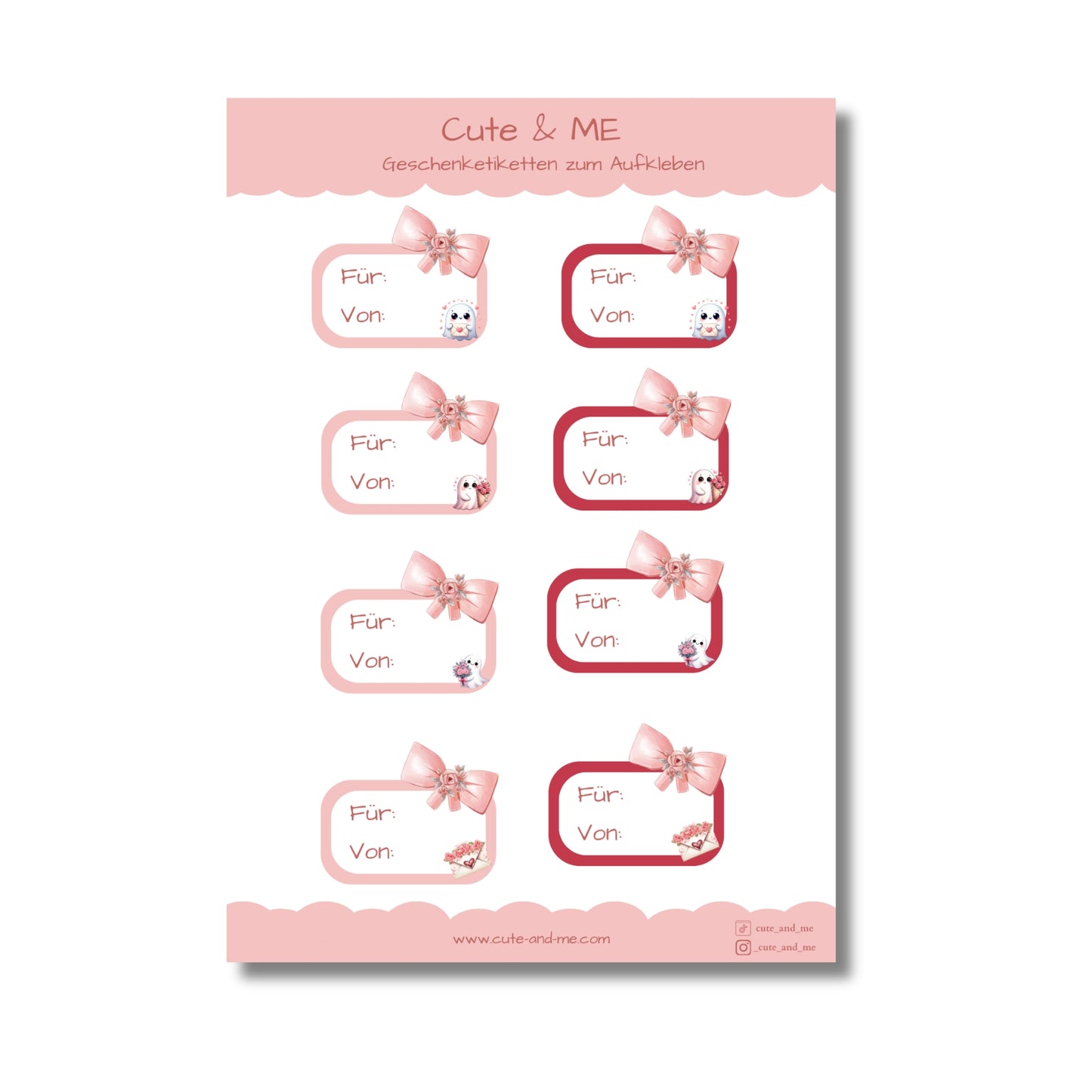 Aufkleber Geschenketiketten - Stickerbogen - 8 Sticker - rosa & rot