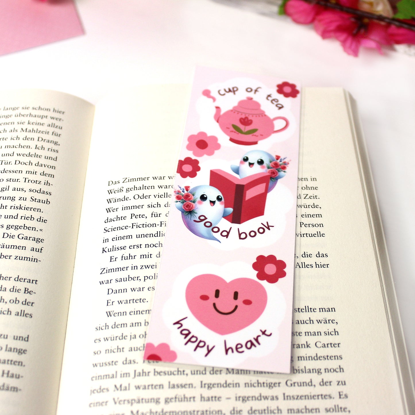 Lesezeichen Geister - happy tea - pink - 50 x 150mm- laminiert - einseitig bedruckt