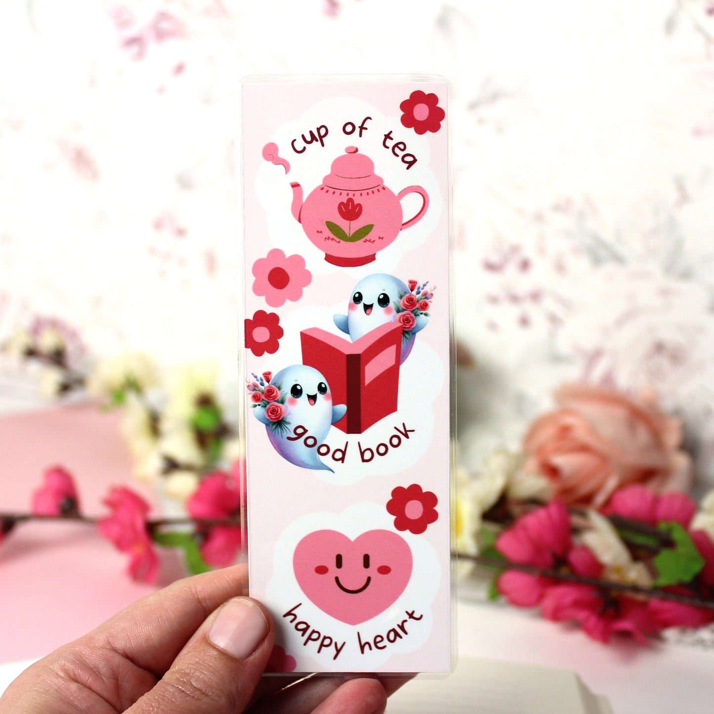 Lesezeichen Geister - happy tea - pink - 50 x 150mm- laminiert - einseitig bedruckt