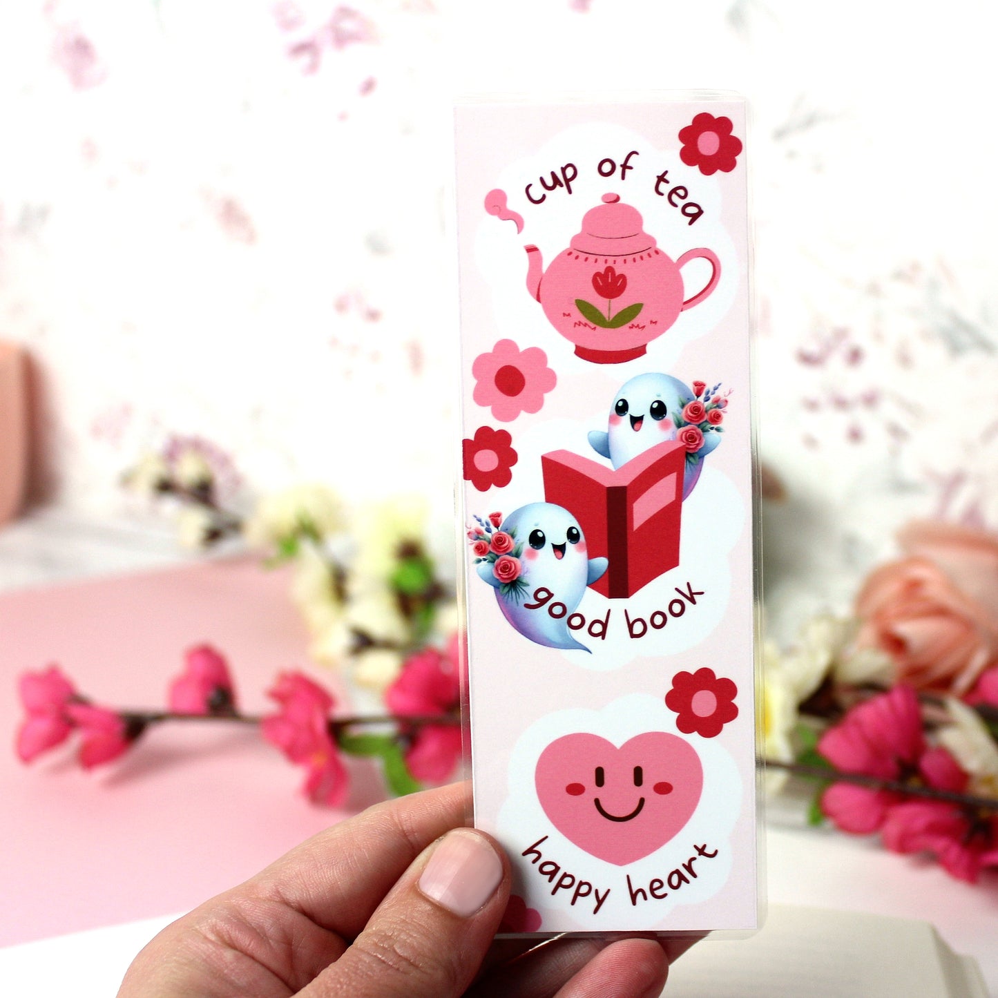 Lesezeichen Geister - happy tea - pink - 50 x 150mm- laminiert - einseitig bedruckt