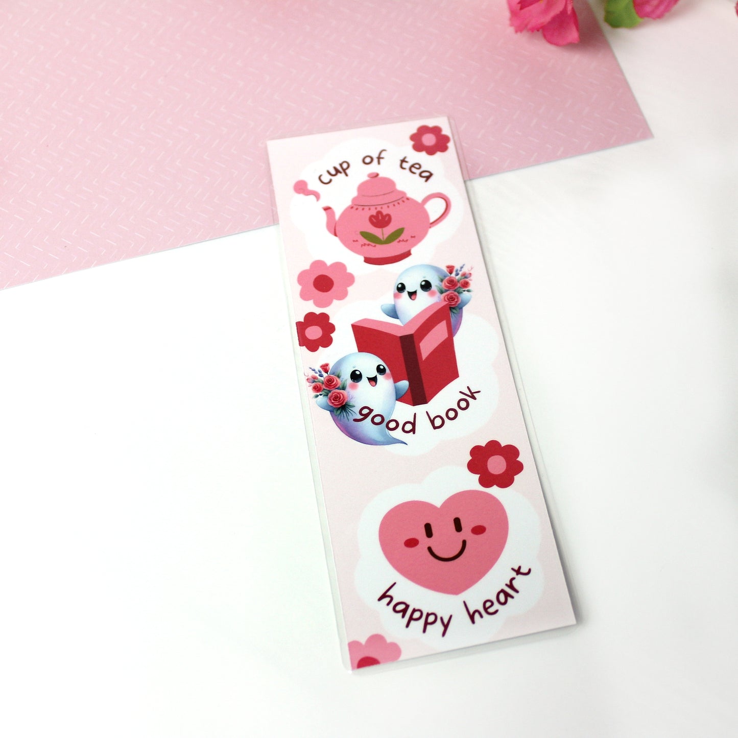 Lesezeichen Geister - happy tea - pink - 50 x 150mm- laminiert - einseitig bedruckt