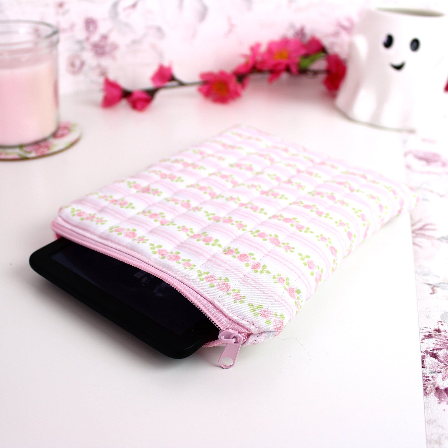 E-Reader Hülle - Rosen rosa-weiß - passend für Kindle, Tolino, Kobo
