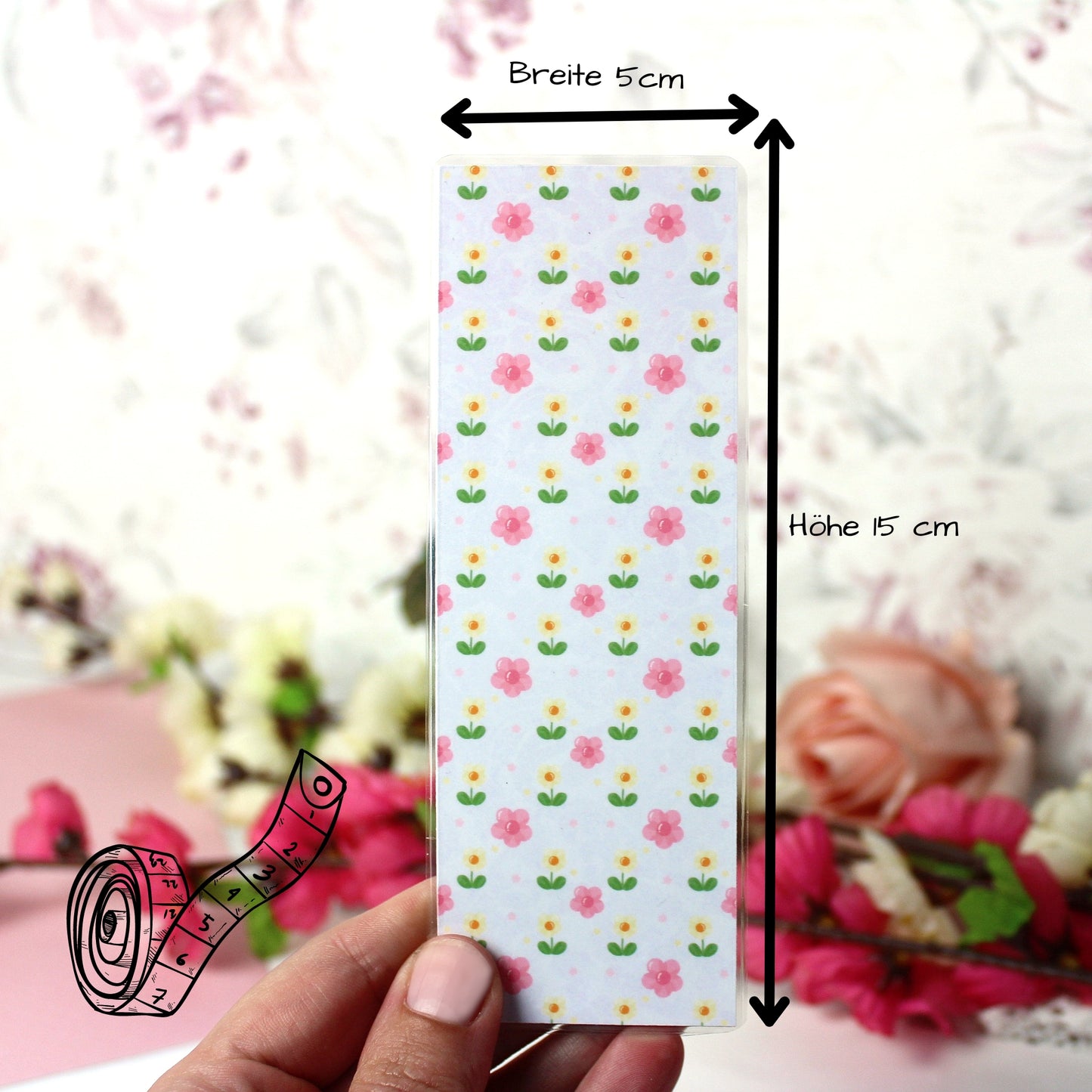 Lesezeichen Blumenmuster - rosa-gelb - 50 x 150mm- laminiert - einseitig bedruckt